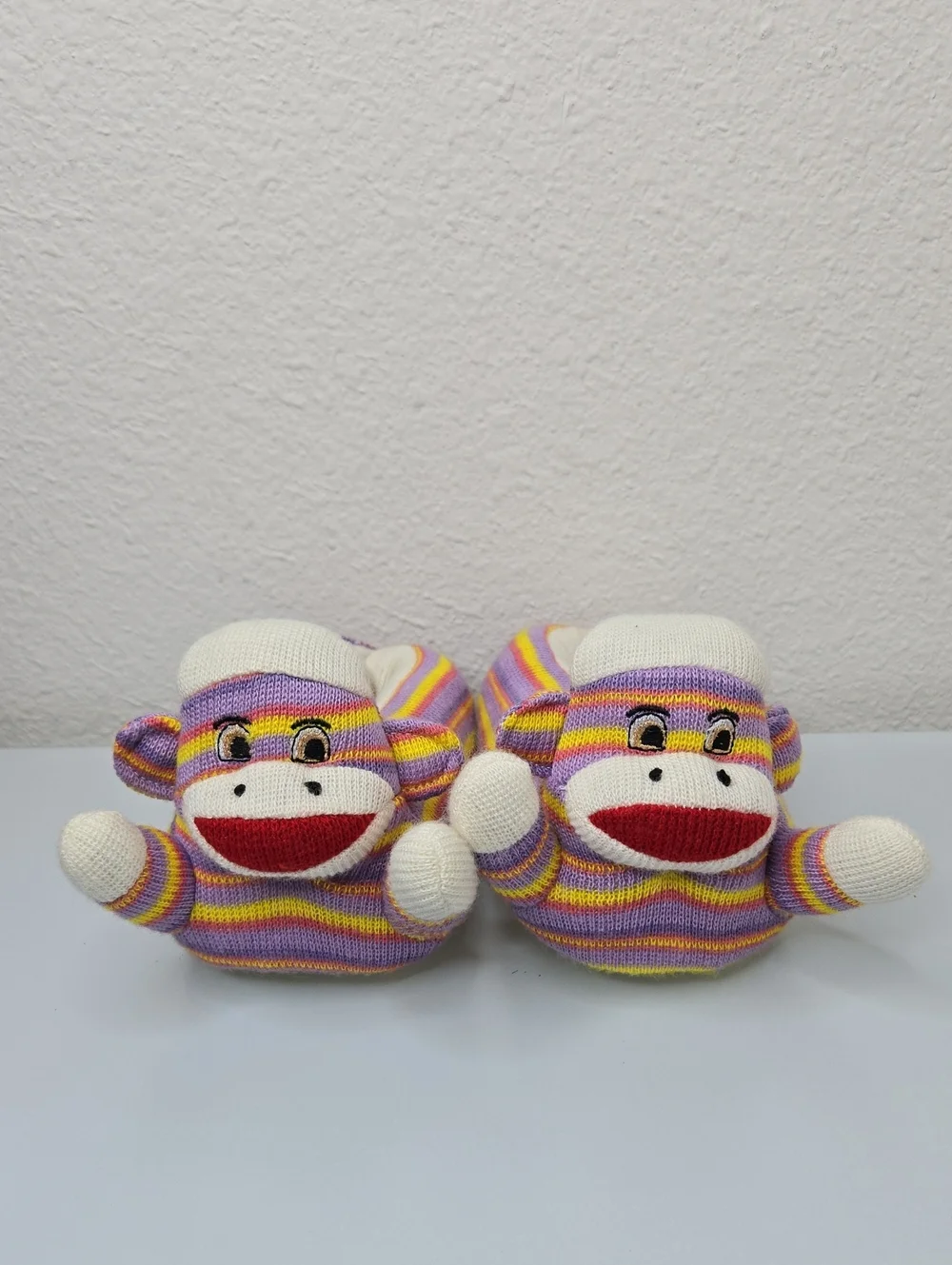 Kids multicolor striped sock monkey slippers